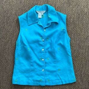 David Brooks 100% linen top Embroidered palm trees